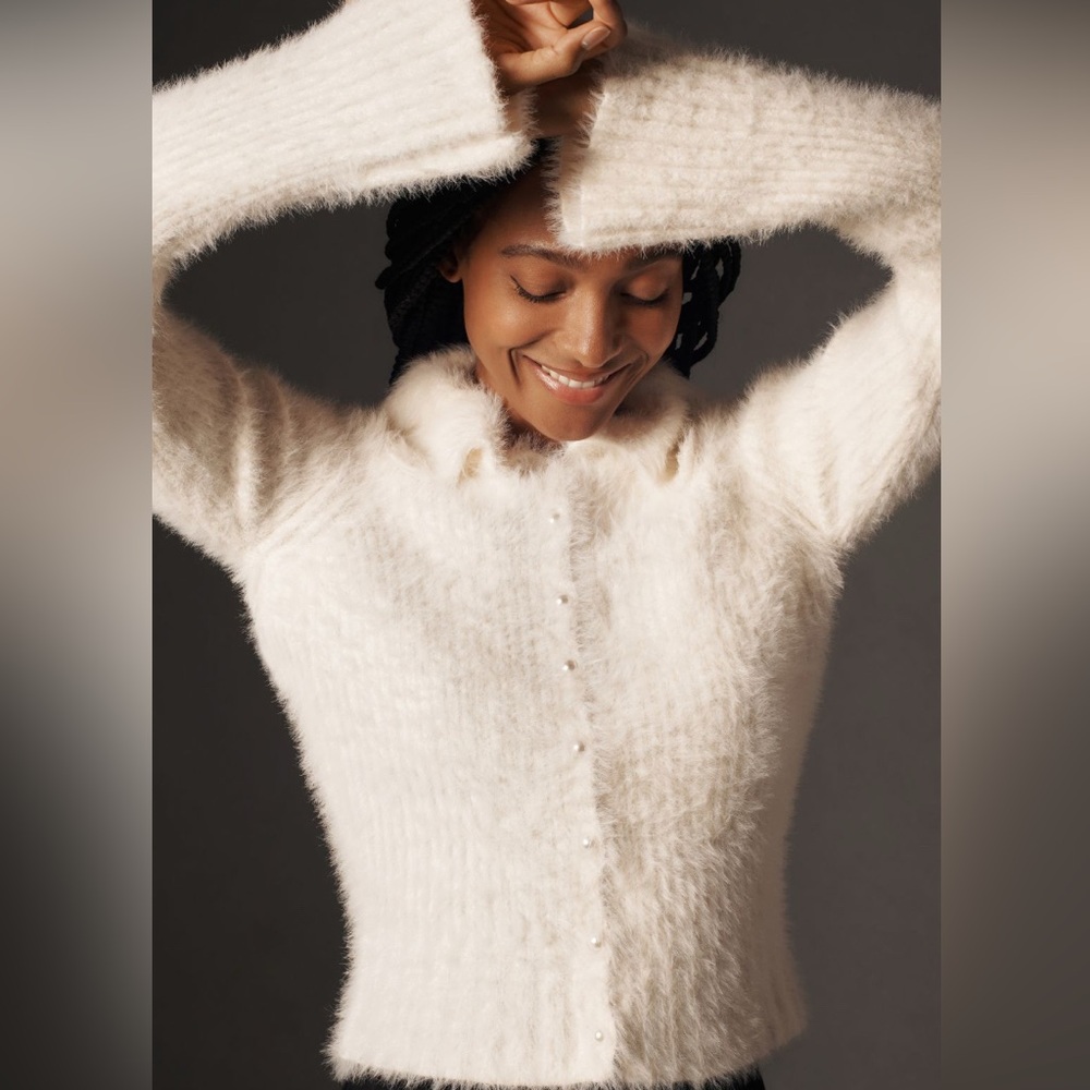 By Anthropologie Pearl Button Fuzzy Collared Cardigan, Size S